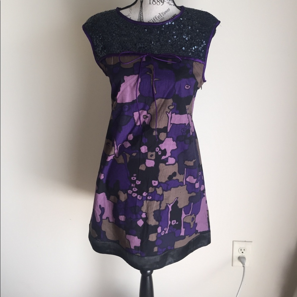 French connection sequin neck sleeveless abstract print purple dress